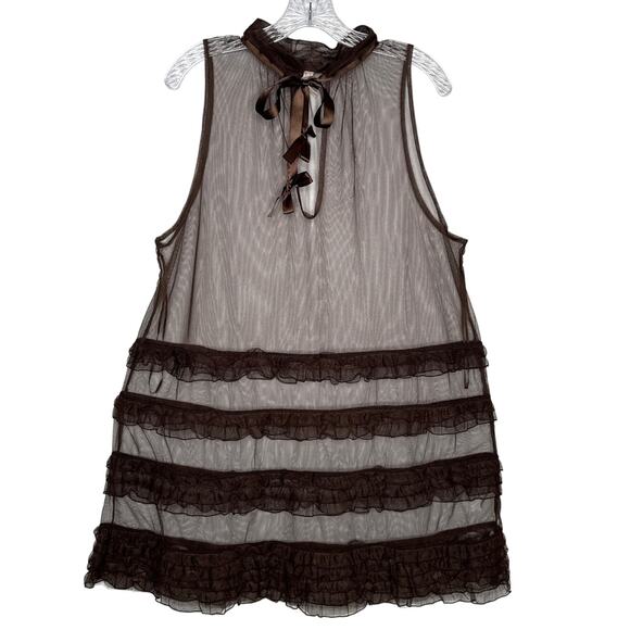 Free People Sheer Brown Tulle Ruffle Mini sexy  Dress with Bow Neck Tie large - Picture 2 of 11